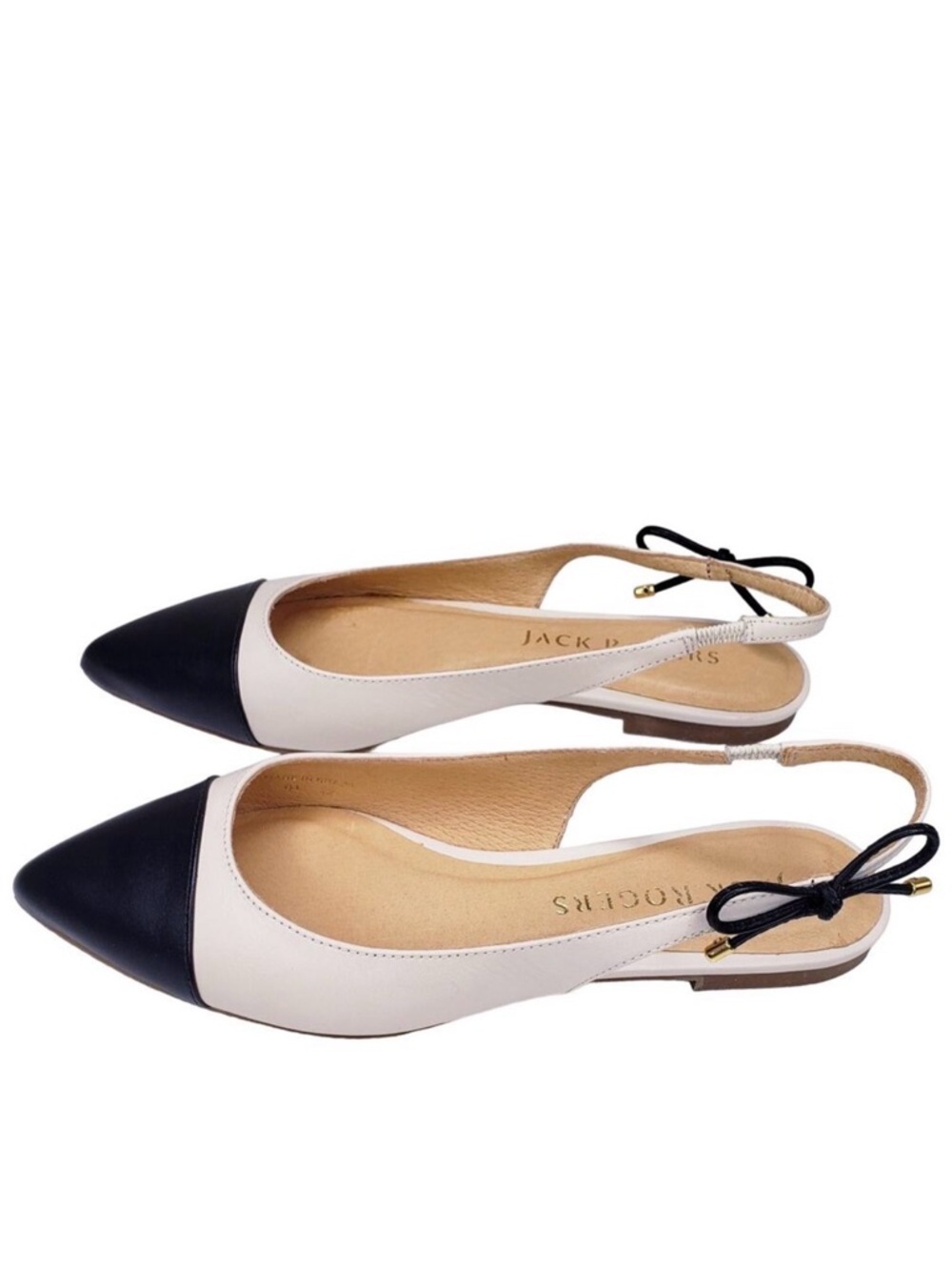 Jack Rogers Black & Cream Pointed Toe Slingback Flats with Bow